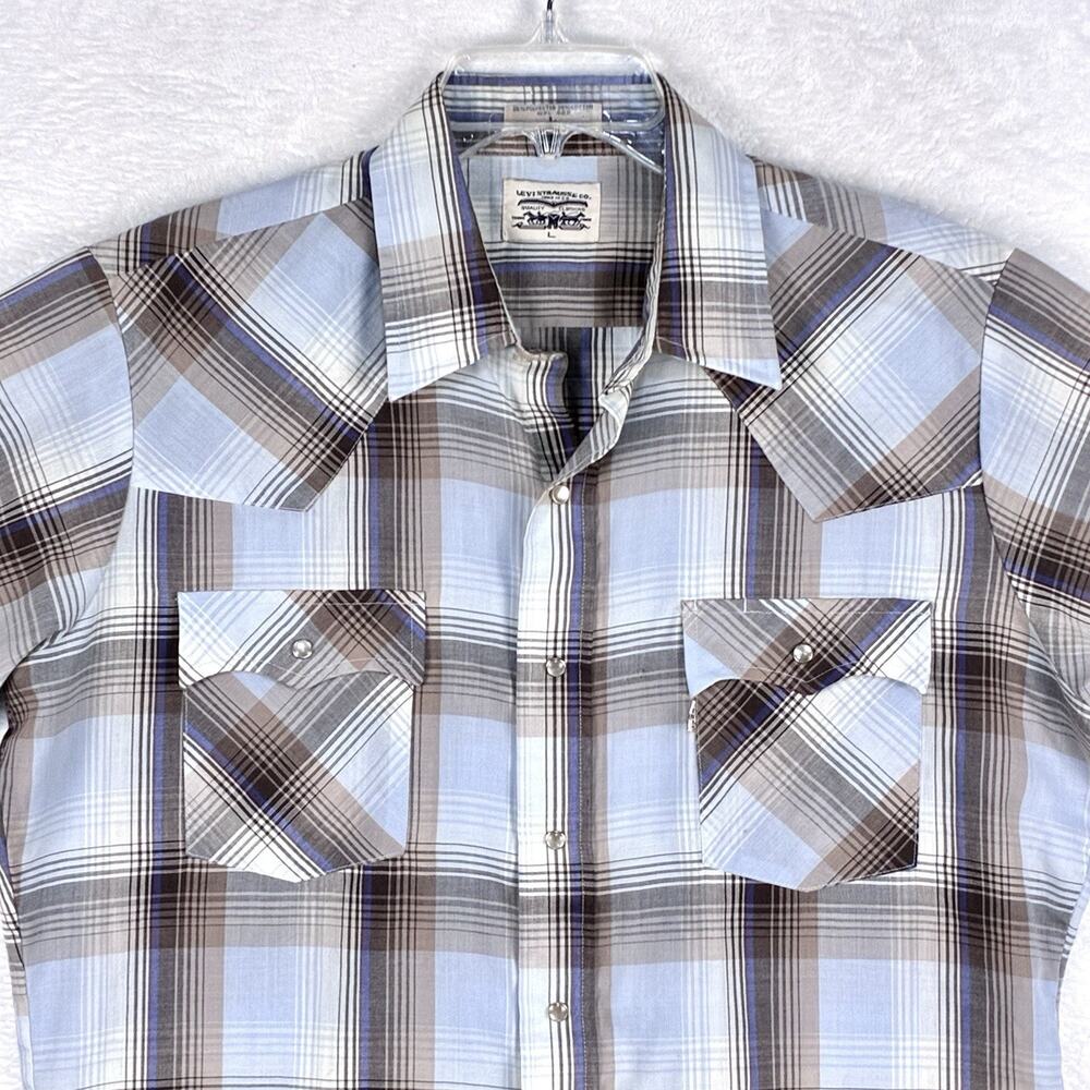 VTG 80s Levi Western Shirt Men L Blue Plaid  Pearl Snap Tailored Cowboy Country